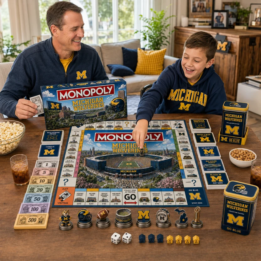 Michigan Wolverines Monopoly Board Game - box, 3D building piece, and right board