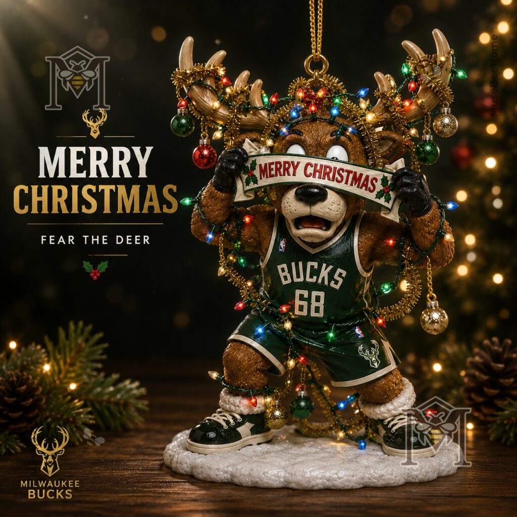 Milwaukee Bucks Bango Christmas Ornament 2026 – Full view with festive lights Milwaukee Bucks Bango Christmas Ornament 2026 - full view with festive lights and banner