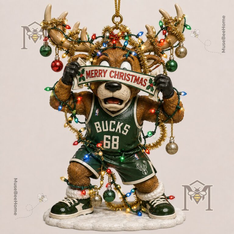 Milwaukee Bucks Bango Christmas Ornament 2026 - close-up of mascot holding Merry Christmas banner