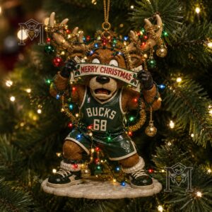 Milwaukee Bucks Bango Christmas Ornament 2026 - lower angle showing mascot's shoes and snowy base