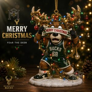 Milwaukee Bucks Bango Christmas Ornament 2026 - full view with festive lights and banner