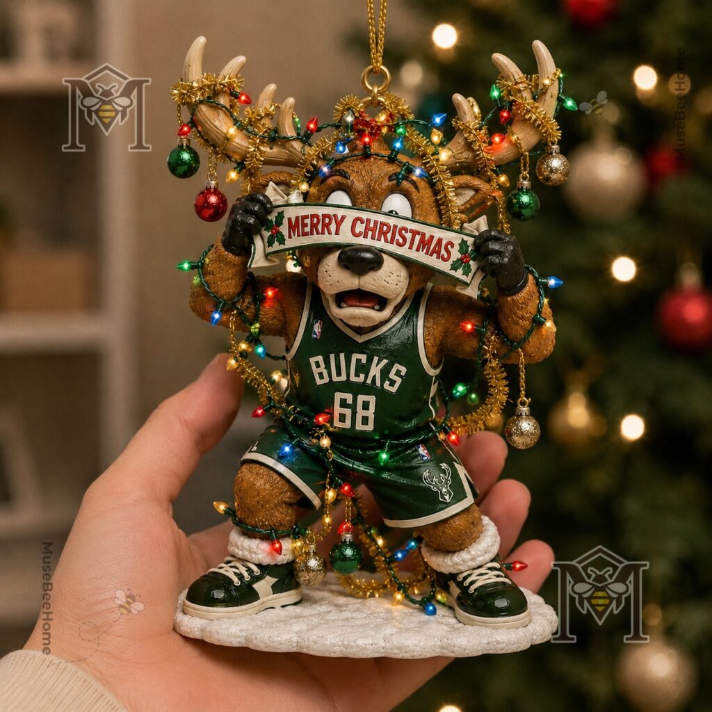 Milwaukee Bucks Bango Christmas Ornament 2026 - detail of jersey number 68 and decorated antlers