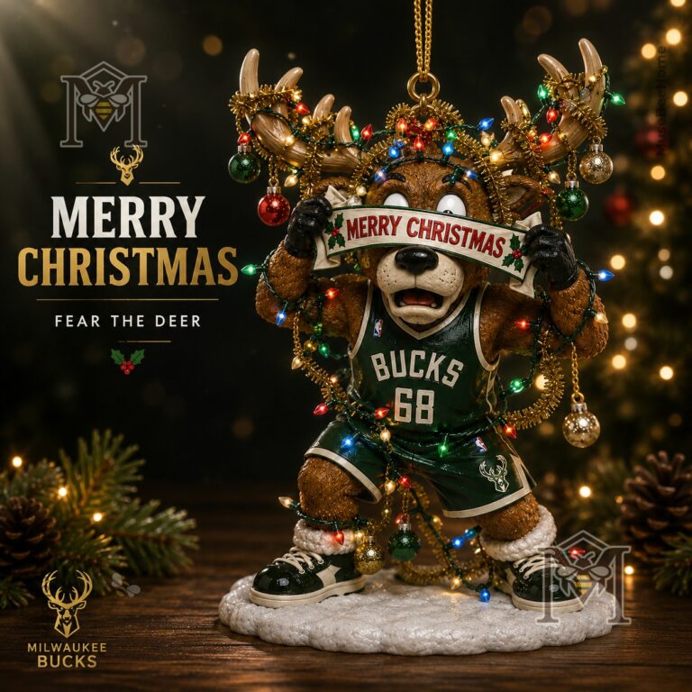 Milwaukee Bucks Bango Christmas Ornament 2026 - full view with festive lights and banner