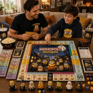 Minions Halloween Board Game - close-up of board, cards, dice, and decorative lantern