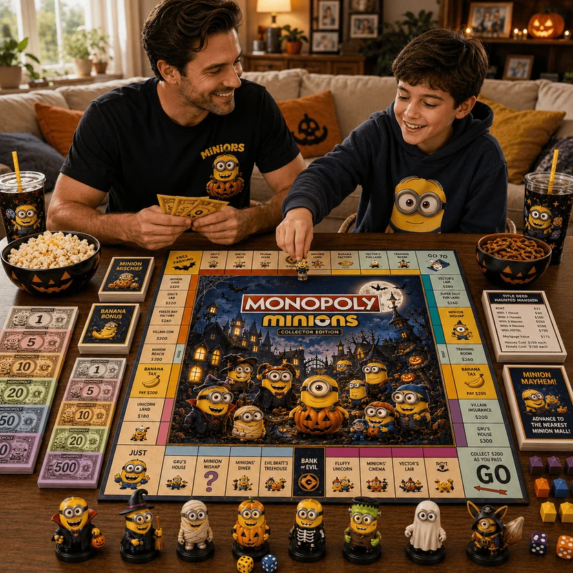 Minions Halloween Board Game - close-up of board, cards, dice, and decorative lantern
