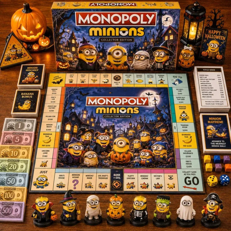 Minions Halloween Board Game - full game setup with board, pieces, money, and cards displayed