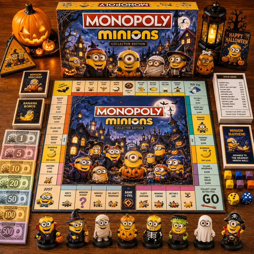 Minions Halloween Board Game - full game setup with board, pieces, money, and cards displayed