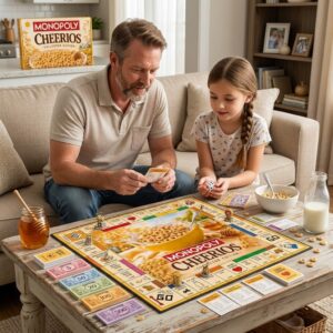 Monopoly Cheerios Board Game - cereal bowl, cards, and game money