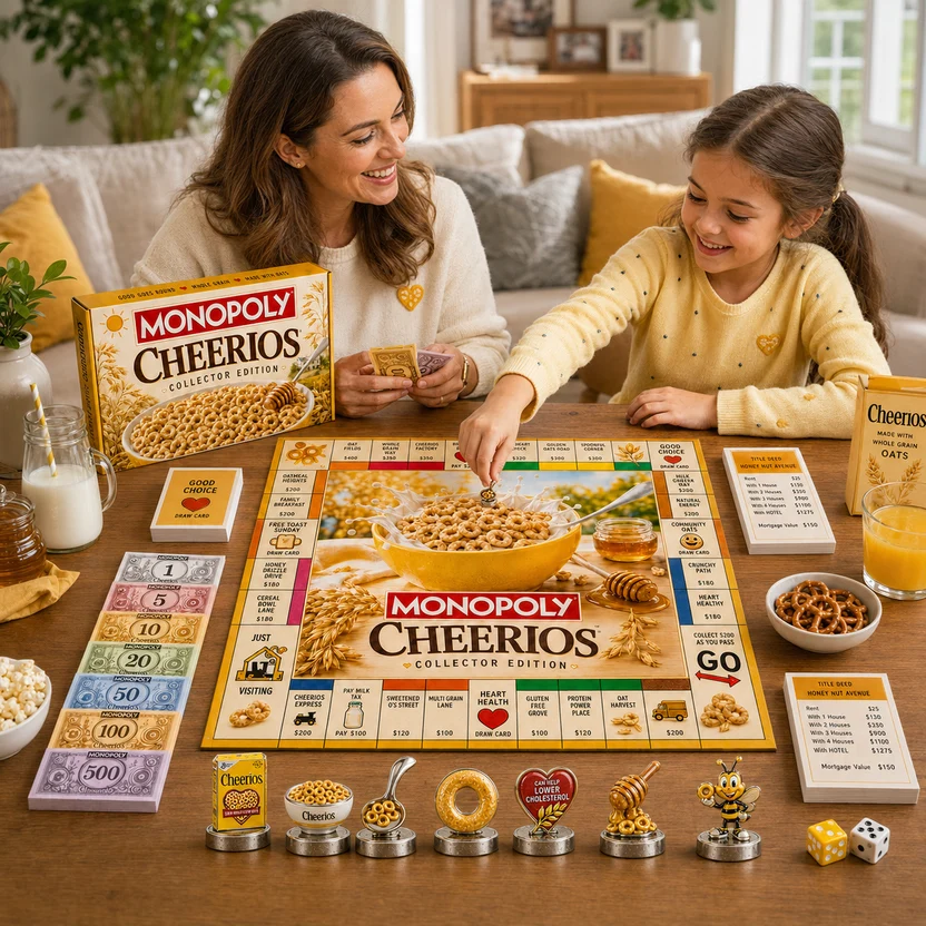 Monopoly Cheerios Board Game - box, milk bottles, and game cards