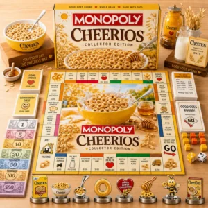 Monopoly Cheerios Board Game - complete set on a wooden table