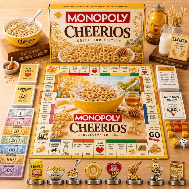 Monopoly Cheerios Board Game - complete set on a wooden table