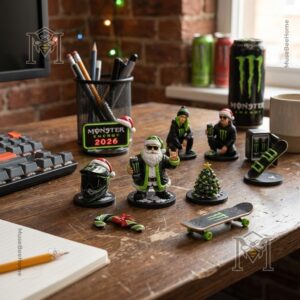 Monster Energy Christmas 2026 Advent Calendar - close-up of figures, helmet, glove, and bag