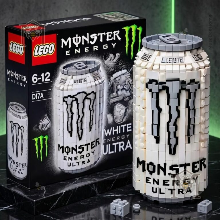 Monster Energy Ultra White Can LEGO Block Set - close-up on box