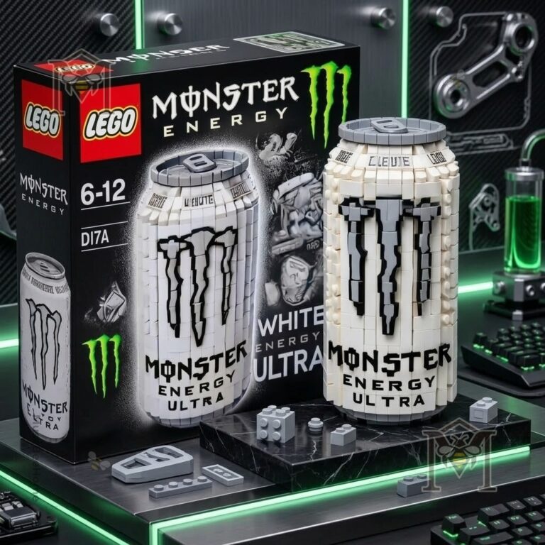 Monster Energy Ultra White Can LEGO Block Set - full view with packaging
