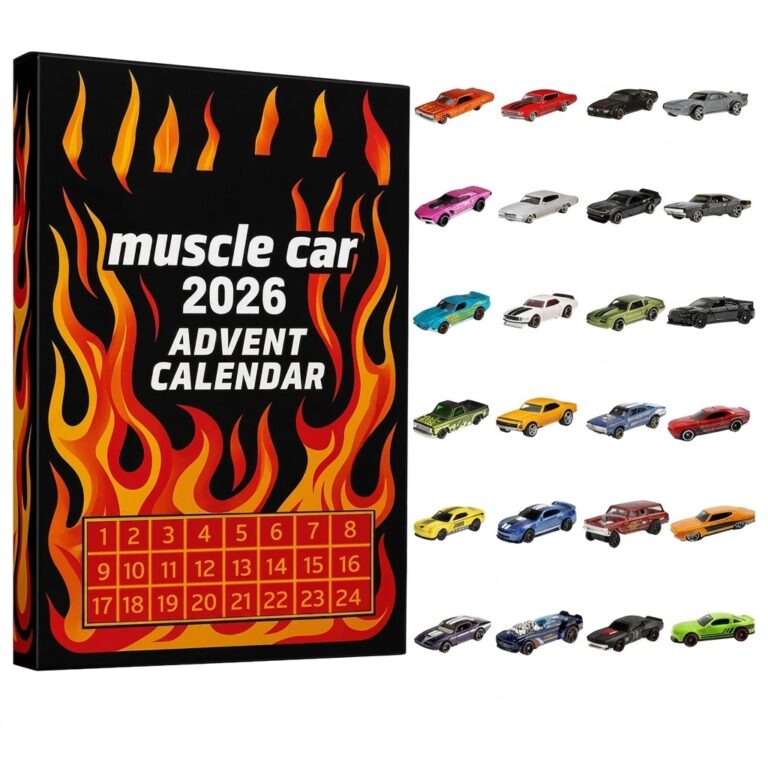 Muscle Car 2026 Hot Wheels Advent Calendar - close-up of the box with flame design and cars