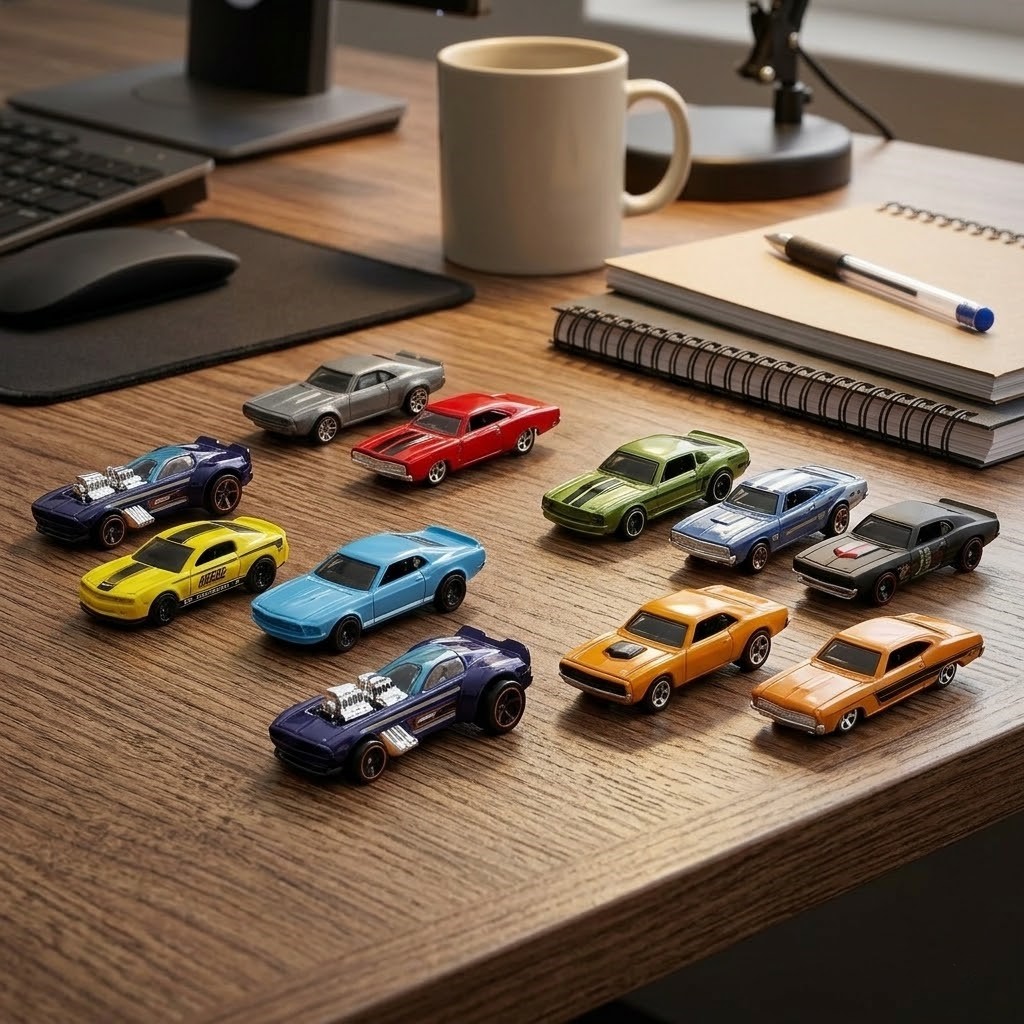 Muscle Car 2026 Hot Wheels Advent Calendar - collection of toy cars displayed on a mantelpiece