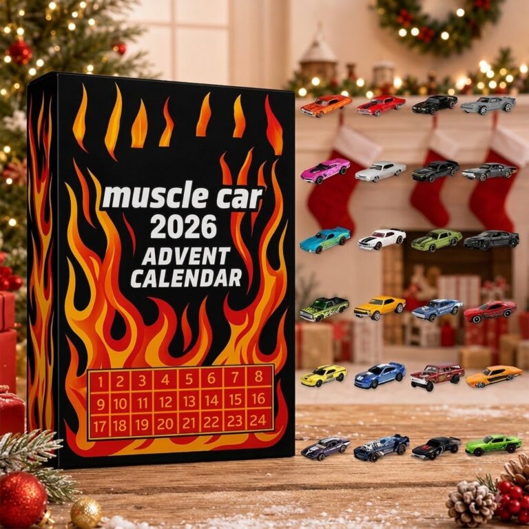 Muscle Car 2026 Hot Wheels Advent Calendar - front view with various toy cars and Christmas decor