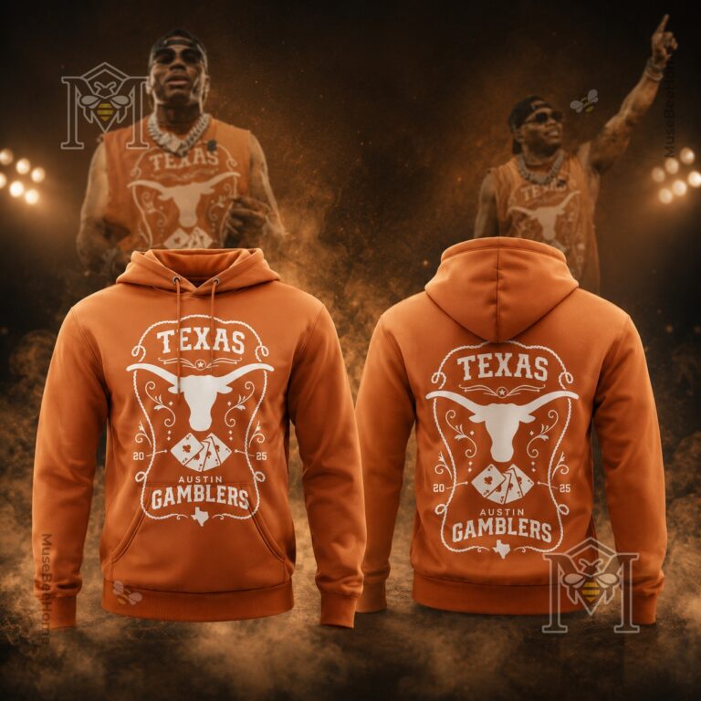 Nelly Cornell Haynes Jr x Texas Longhorns T-Shirt - close-up front view against blurred stadium background