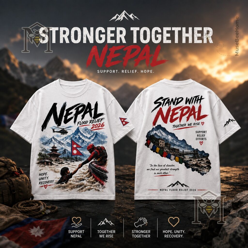Nepal Flood Relief 2026 Stronger Together T-Shirt – Front and back design view Nepal Flood Relief 2026 Stronger Together T-Shirt - front and back design view