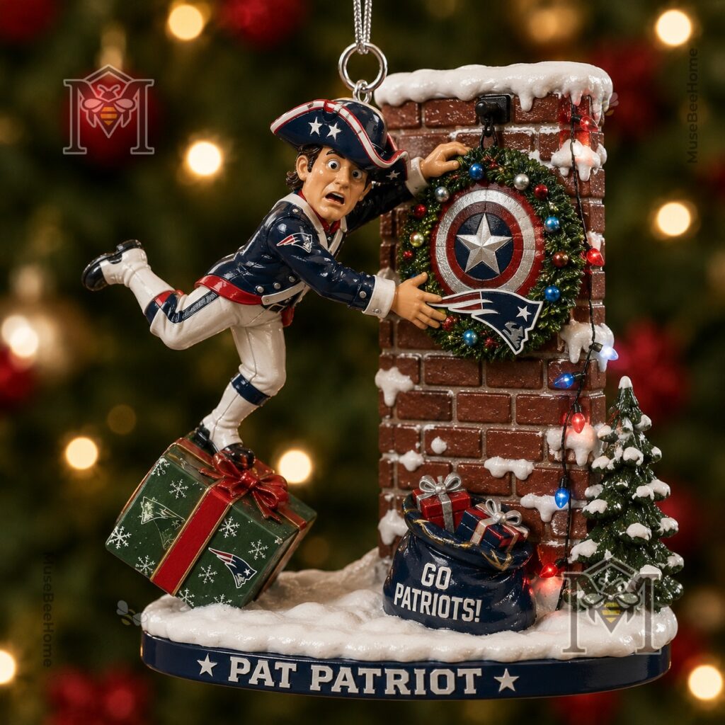 New England Patriots Pat Patriot Christmas Ornament 2026 - close-up of Pat Patriot and chimney wreath