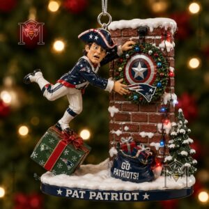 New England Patriots Pat Patriot Christmas Ornament 2026 - close-up of Pat Patriot and chimney wreath