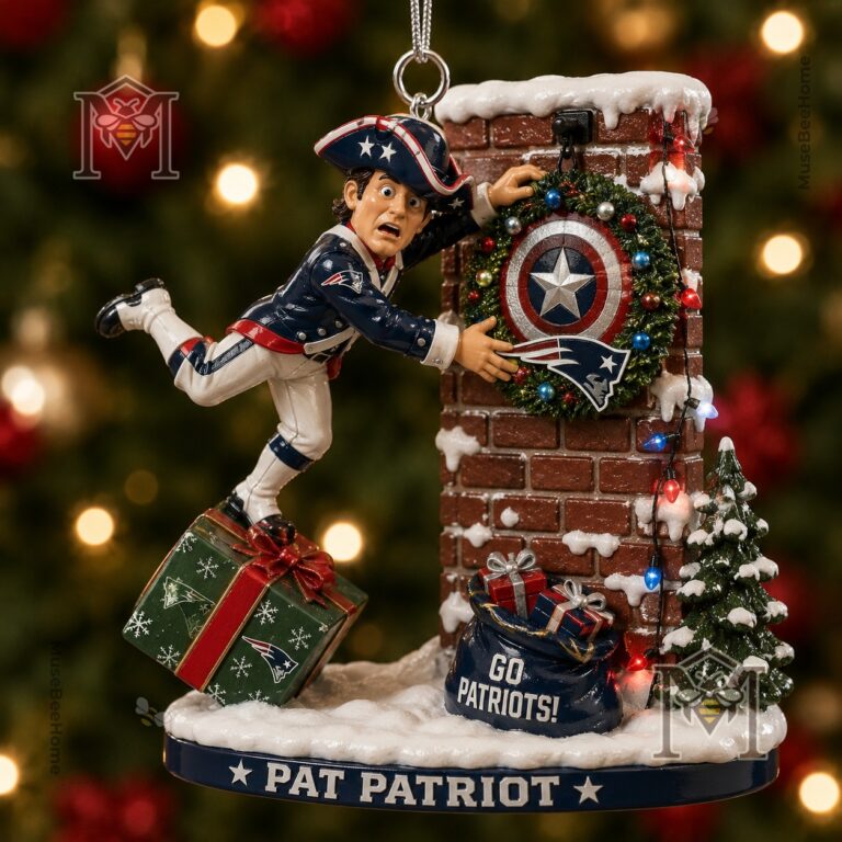 New England Patriots Pat Patriot Christmas Ornament 2026 - close-up of Pat Patriot and chimney wreath