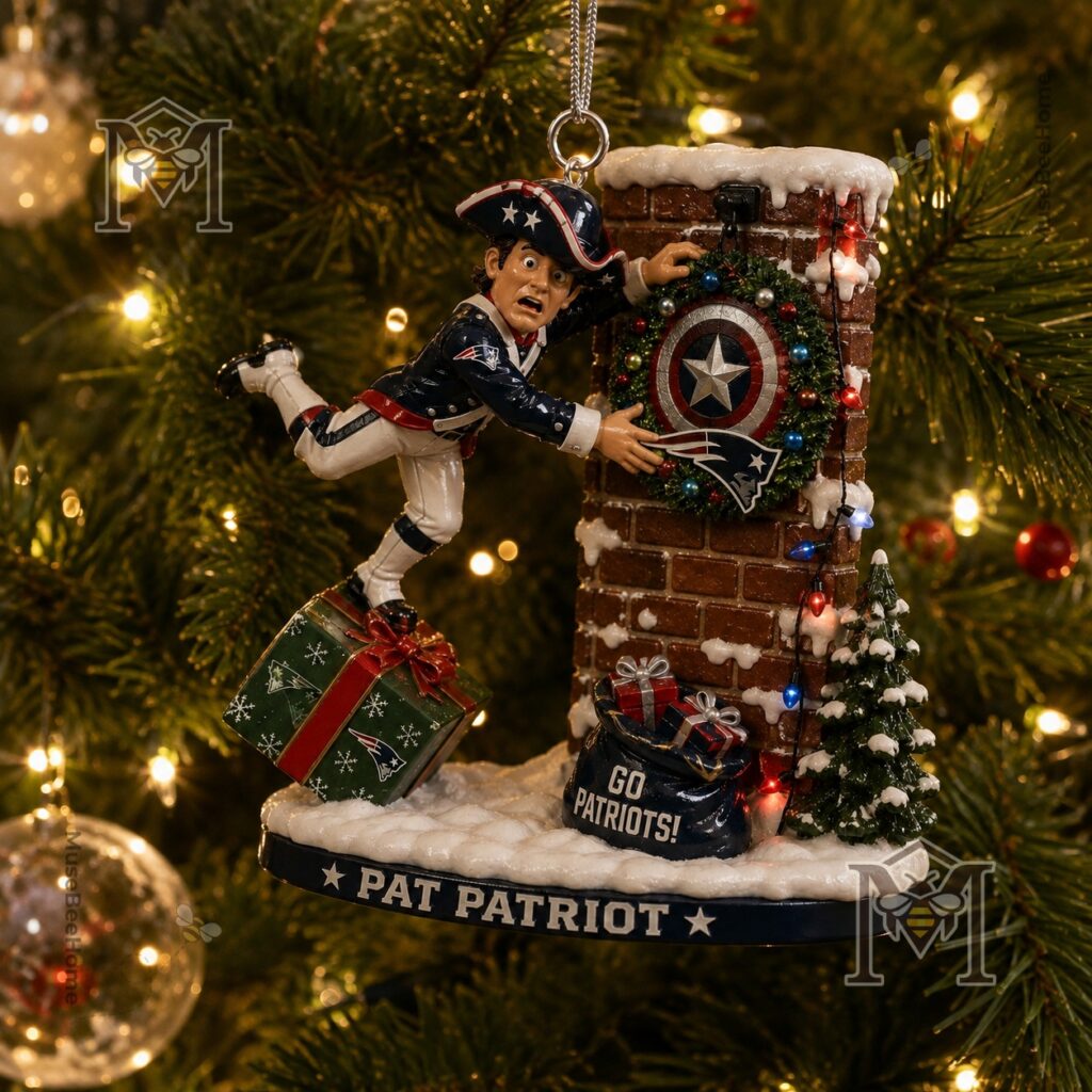 New England Patriots Pat Patriot Christmas Ornament 2026 - close-up of Pat Patriot's feet on gift box