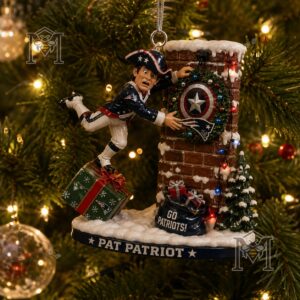 New England Patriots Pat Patriot Christmas Ornament 2026 - close-up of Pat Patriot's feet on gift box