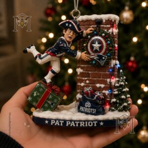 New England Patriots Pat Patriot Christmas Ornament 2026 - close-up of chimney base with gift bag