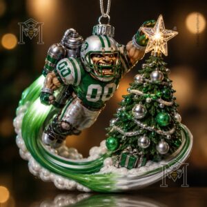 New York Jets Mascot Holiday Christmas 2026 Ornament - close-up of player and tree topper