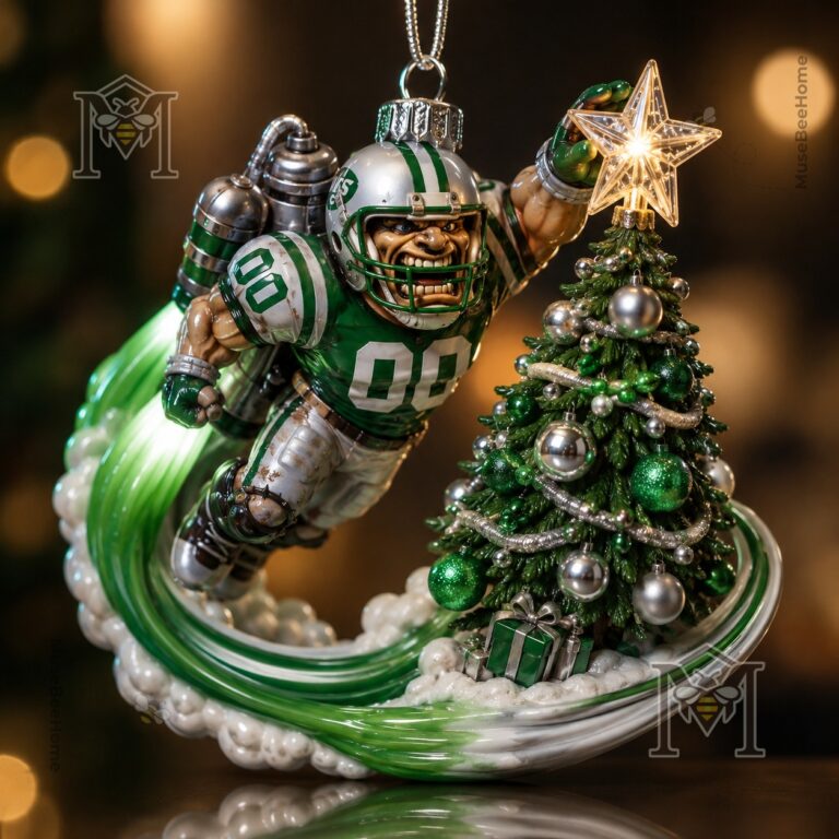 New York Jets Mascot Holiday Christmas 2026 Ornament - close-up of player and tree topper