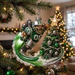 New York Jets Mascot Holiday Christmas 2026 Ornament - close-up of jetpack and swirling base