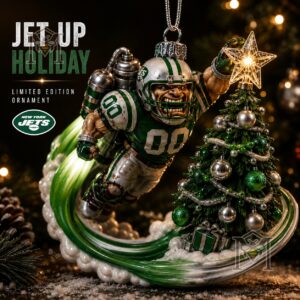 New York Jets Mascot Holiday Christmas 2026 Ornament - full view with branding text