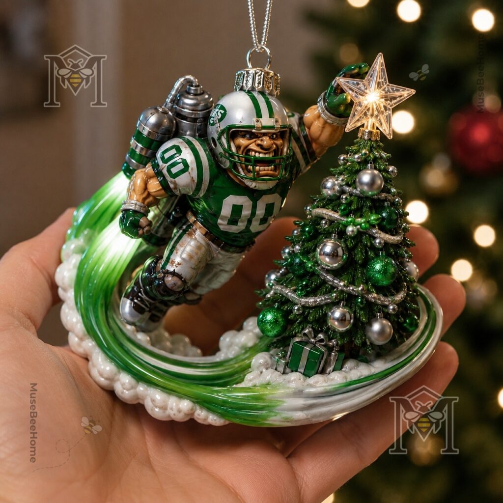 New York Jets Mascot Holiday Christmas 2026 Ornament - close-up of miniature Christmas tree and gifts