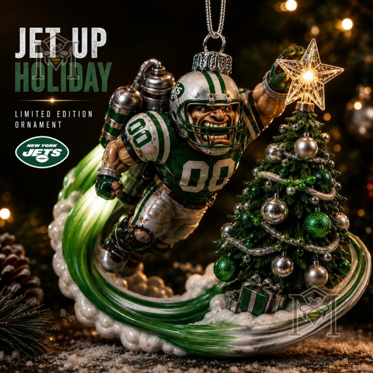 New York Jets Mascot Holiday Christmas 2026 Ornament - full view with branding text