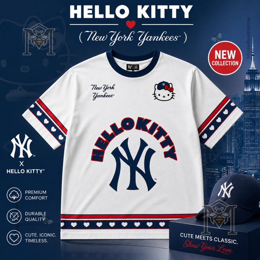 New York Yankees Hello Kitty Collaboration T-Shirt – Photo 1 New York Yankees Hello Kitty Collaboration T-Shirt and cap displayed on a dark blue background