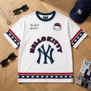 Close-up of the New York Yankees Hello Kitty T-Shirt showing the collar and left sleeve hearts