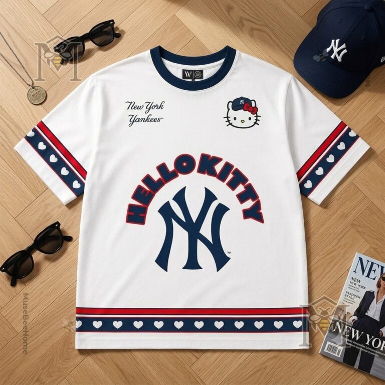 Close-up of the New York Yankees Hello Kitty T-Shirt showing the collar and left sleeve hearts
