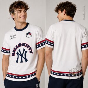 Upper right detail of the New York Yankees Hello Kitty T-Shirt with Hello Kitty wearing a Yankees cap