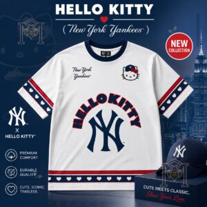 New York Yankees Hello Kitty Collaboration T-Shirt and cap displayed on a dark blue background