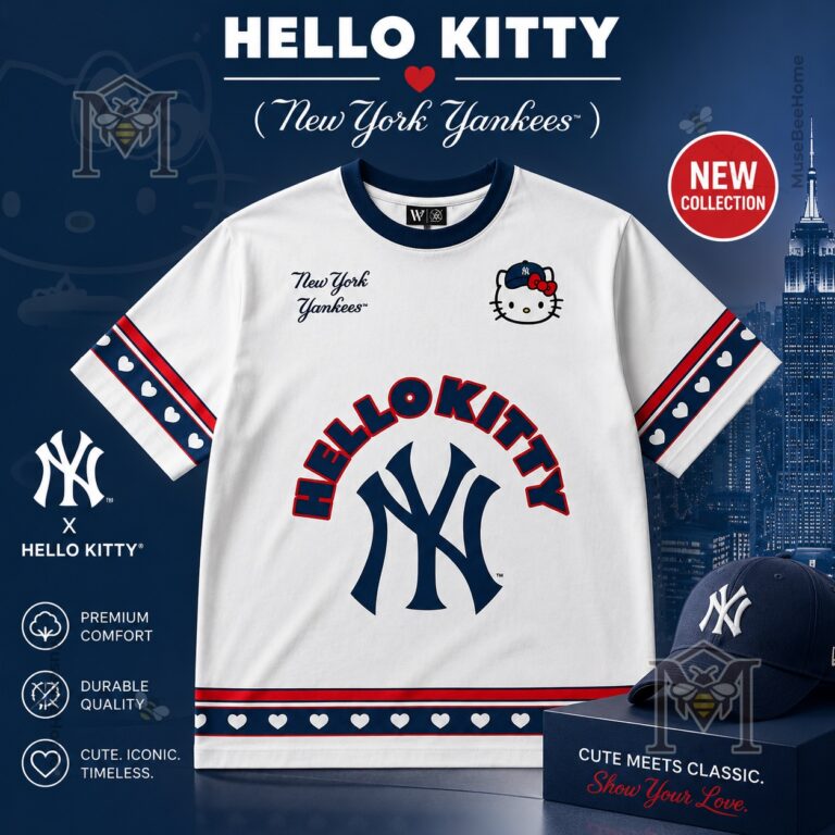 New York Yankees Hello Kitty Collaboration T-Shirt and cap displayed on a dark blue background