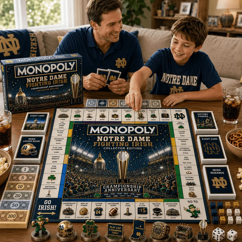 Notre Dame Fighting Irish Championship Anniversary Board Game - box and game board upper right