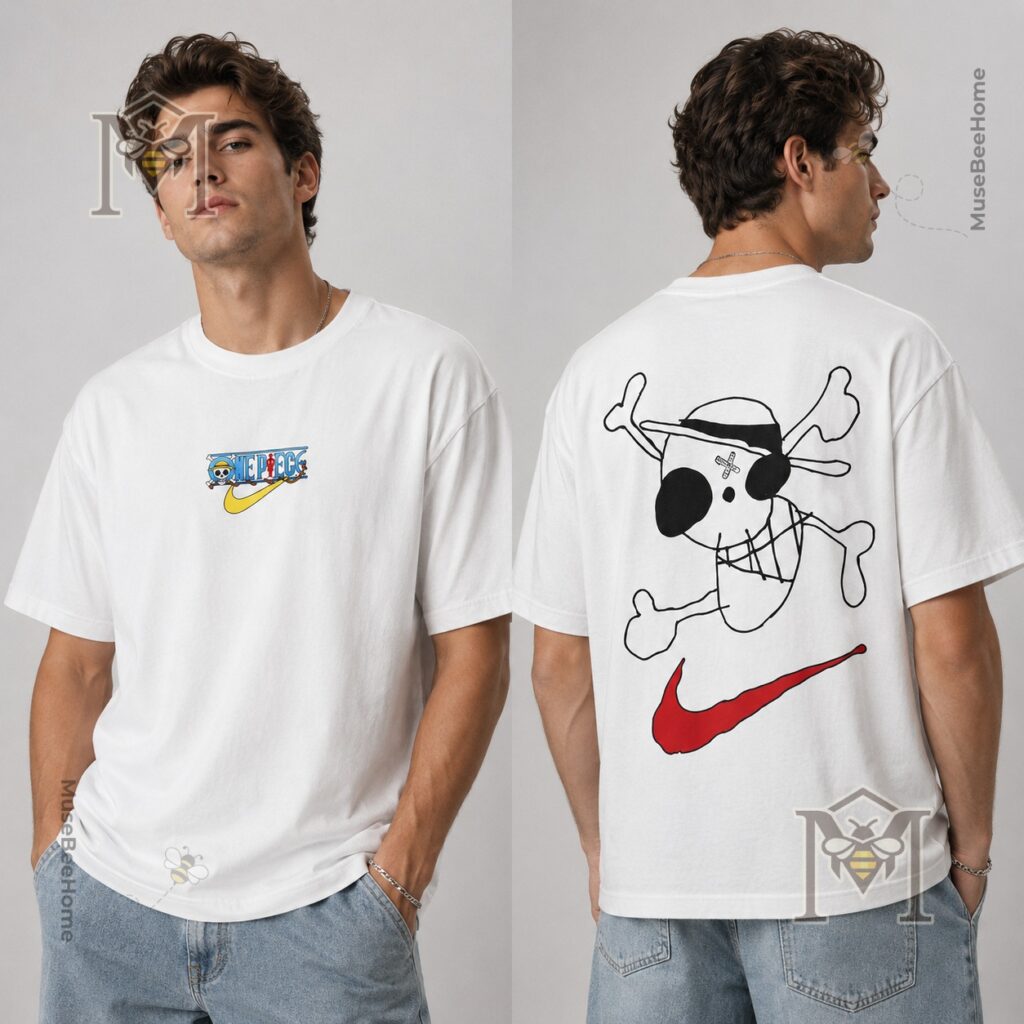 One Piece X Nike Collaboration Luffy Jolly Roger T-Shirt - front view with material quality icons
