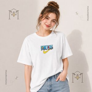 One Piece X Nike Collaboration Luffy Jolly Roger T-Shirt - back view with a Luffy figurine and gold coins
