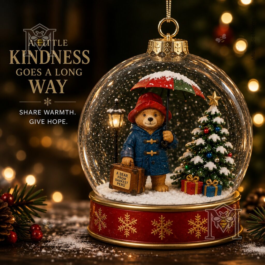 Paddington Bear Christmas Snow Scene Journey Snow Globe Ornament - full view with festive lights