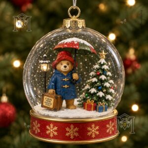 Paddington Bear Christmas Snow Scene Journey Snow Globe Ornament - top half with text overlay