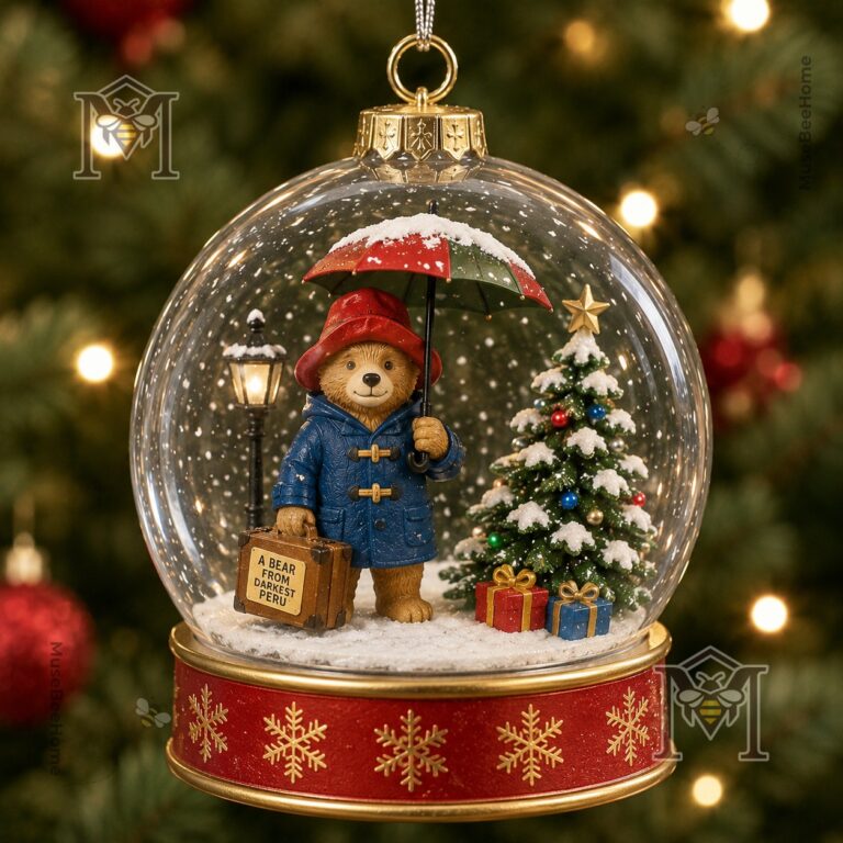 Paddington Bear Christmas Snow Scene Journey Snow Globe Ornament - top half with text overlay