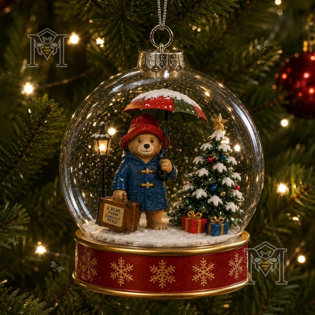 Paddington Bear Christmas Snow Scene Journey Snow Globe Ornament - close-up of Paddington and tree
