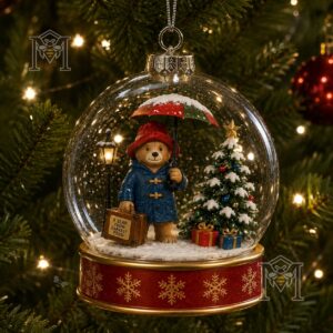 Paddington Bear Christmas Snow Scene Journey Snow Globe Ornament - close-up of Paddington and tree