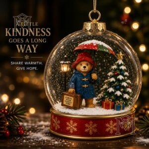 Paddington Bear Christmas Snow Scene Journey Snow Globe Ornament - full view with festive lights